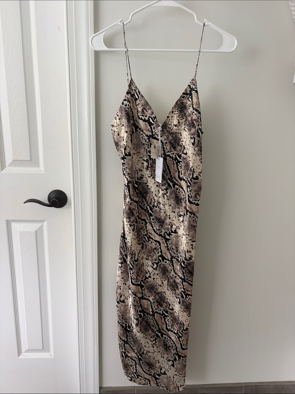 Cami NYC Silk Beige and Black Snake-Print Midi Slip Dress